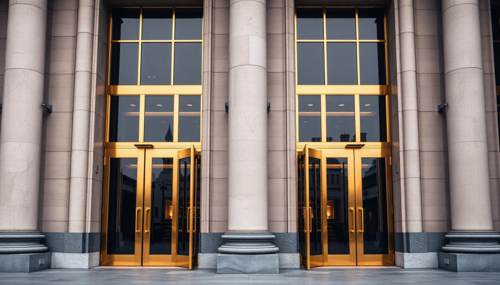 Tall closed brass and glass doorway of a classical building representing the FCA authorisation gateway