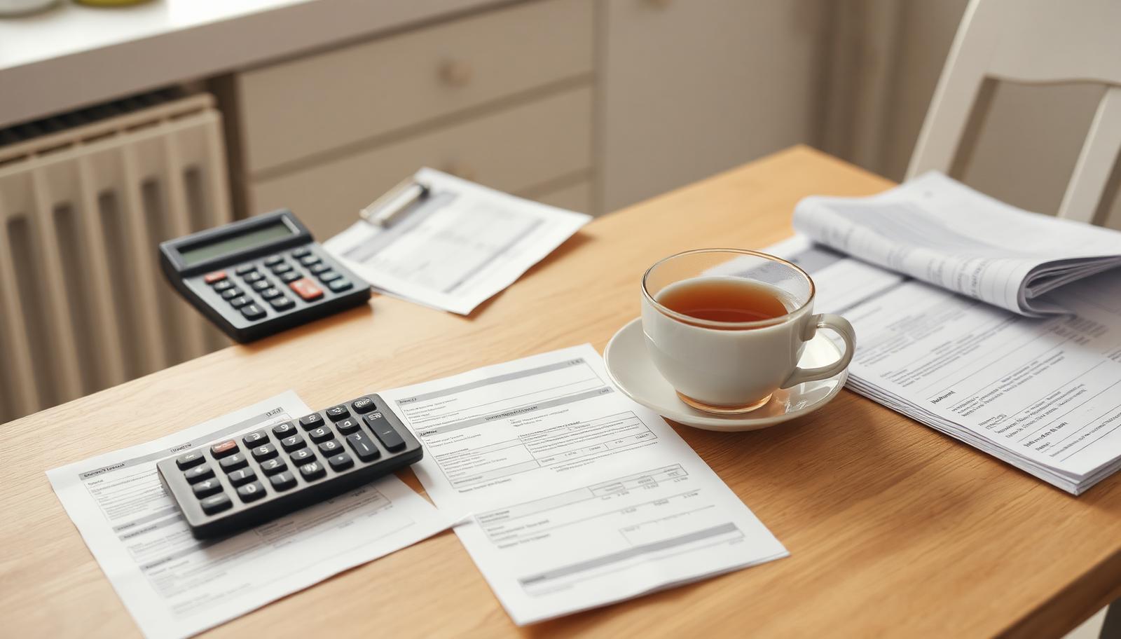 Household paperwork and a calculator on a kitchen table representing consumer credit affordability assessment under CONC