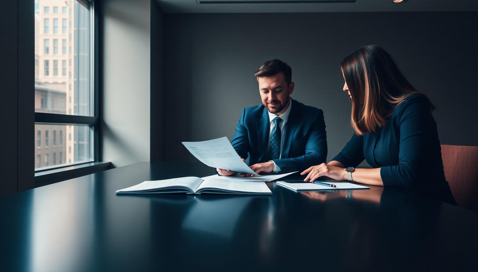 Compliance consultant reviewing regulatory documentation with a client across a boardroom table in a London office