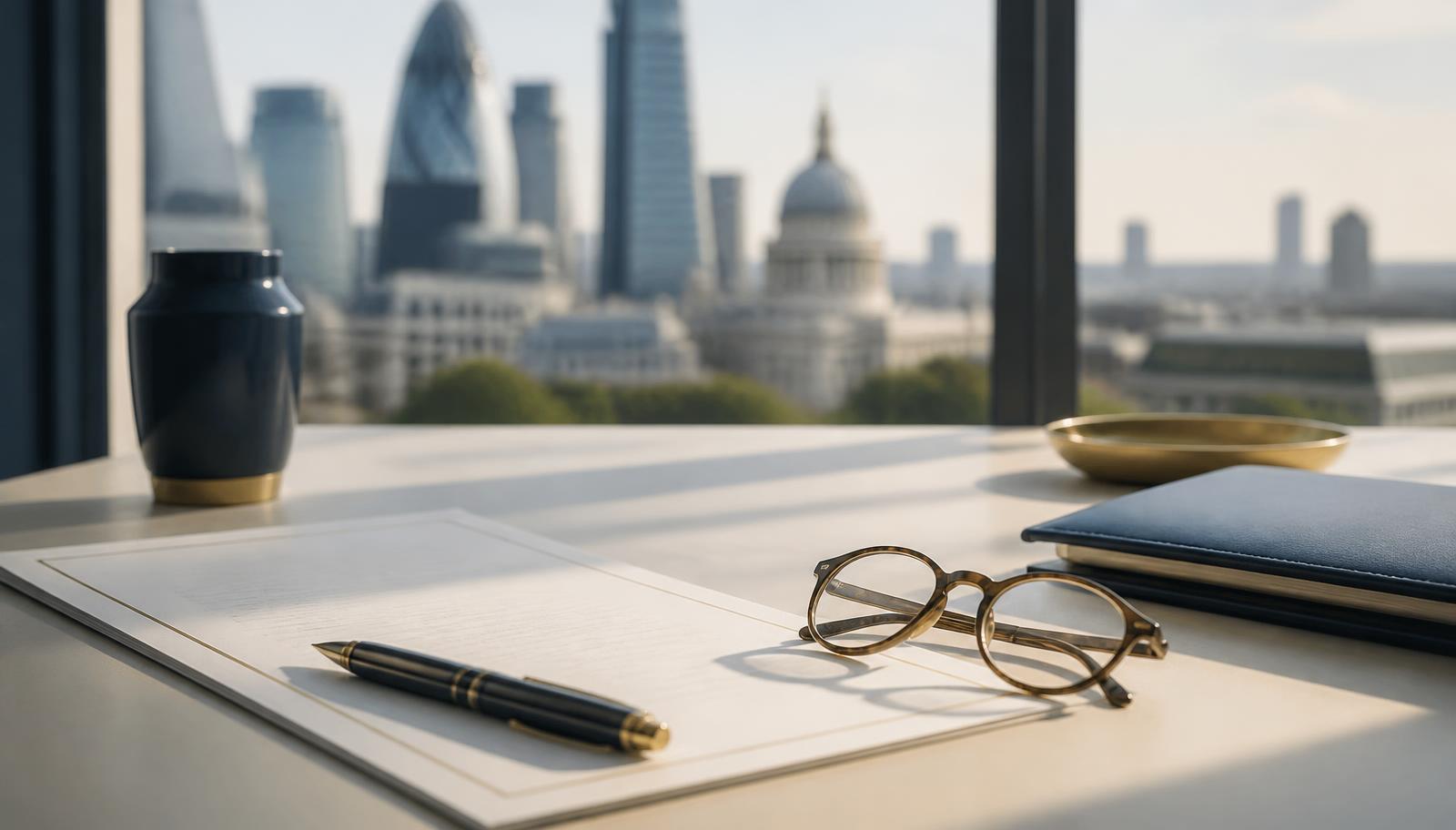 Insurance policy document, pen and reading glasses on a desk overlooking the City of London, illustrating FCA conduct requirements for UK insurers