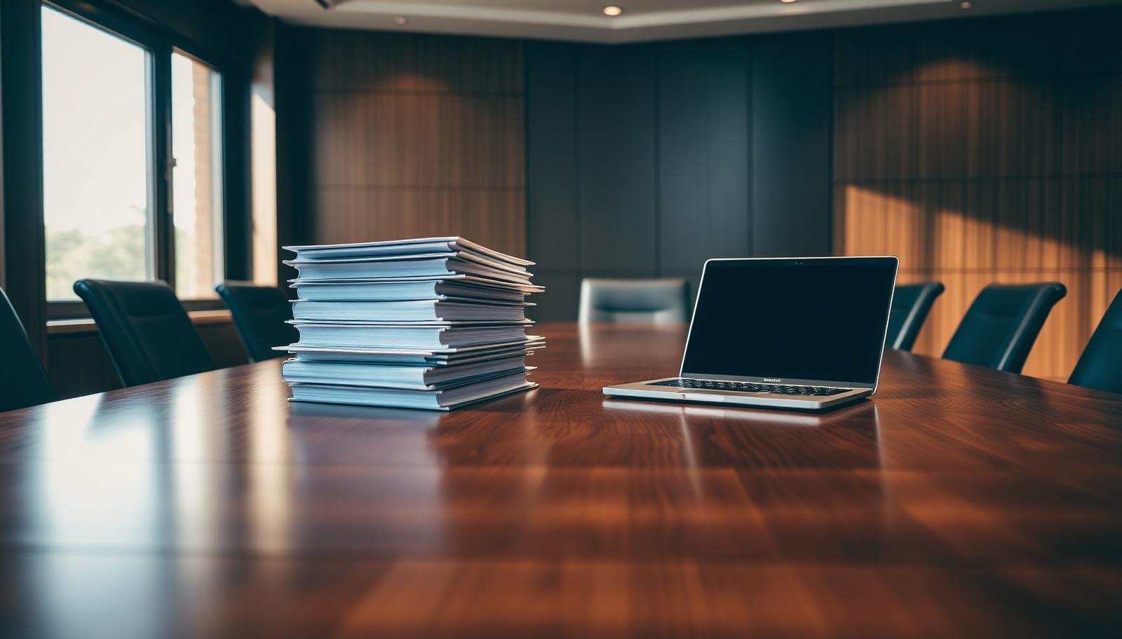 Boardroom table with regulatory files under warm light, representing retained FCA compliance support for regulated firms