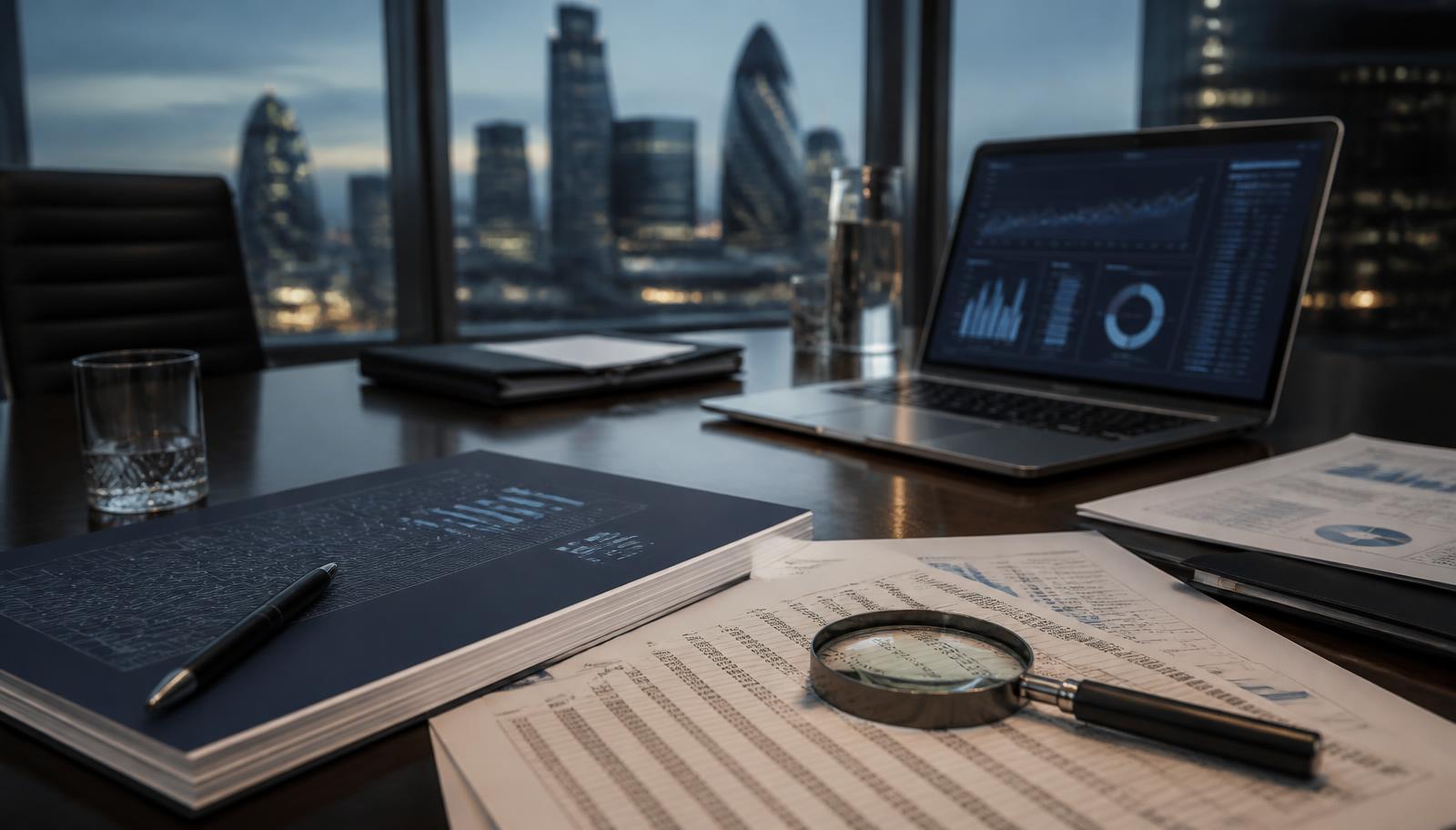 Anti-money laundering compliance report, magnifying glass and transaction data on a boardroom table overlooking the City of London, illustrating FCA financial crime systems and controls expectations