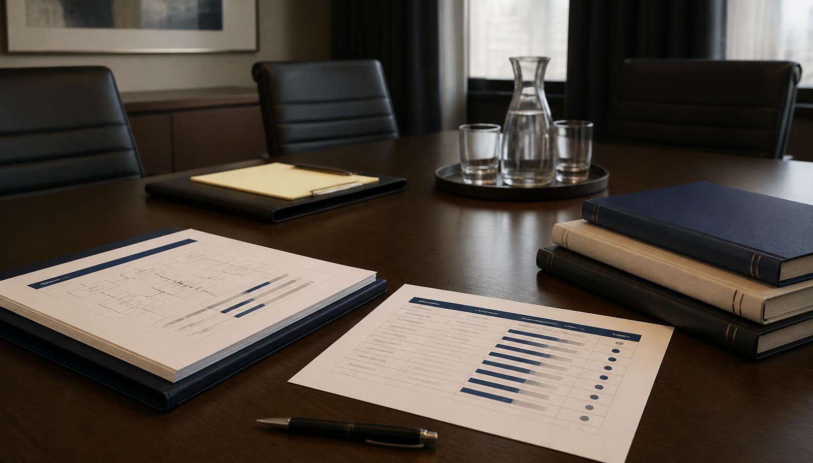 Remediation plan, tracked findings log and revised compliance policies laid out on a boardroom table, illustrating an FCA compliance remediation programme