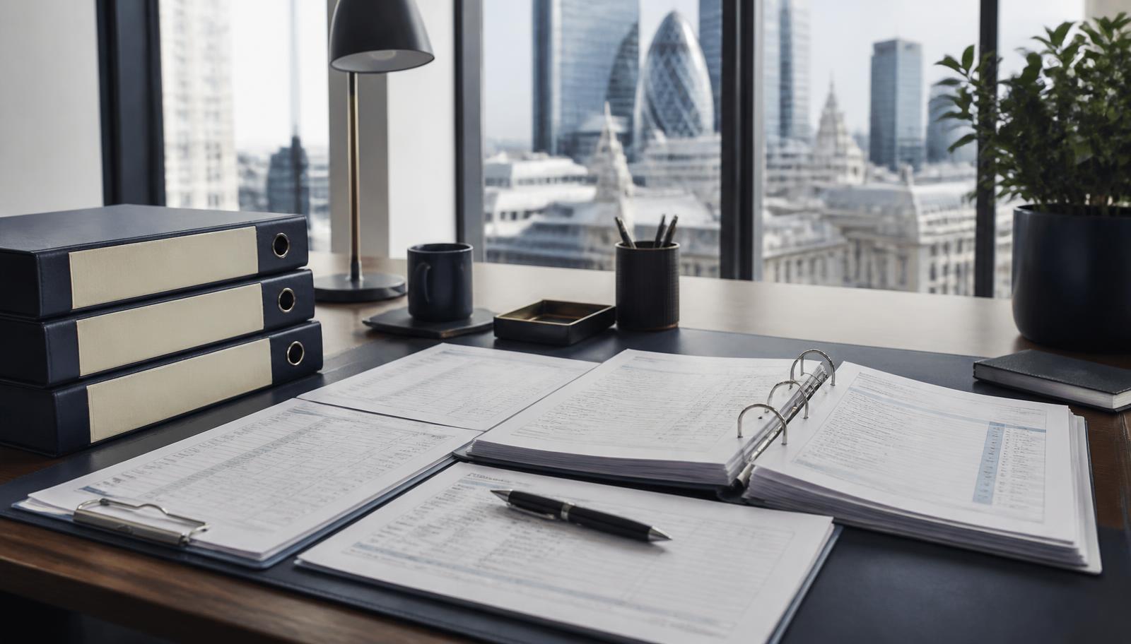 Independent reviewer examining compliance framework documentation and control testing files in a City of London office, illustrating an FCA regulatory health check
