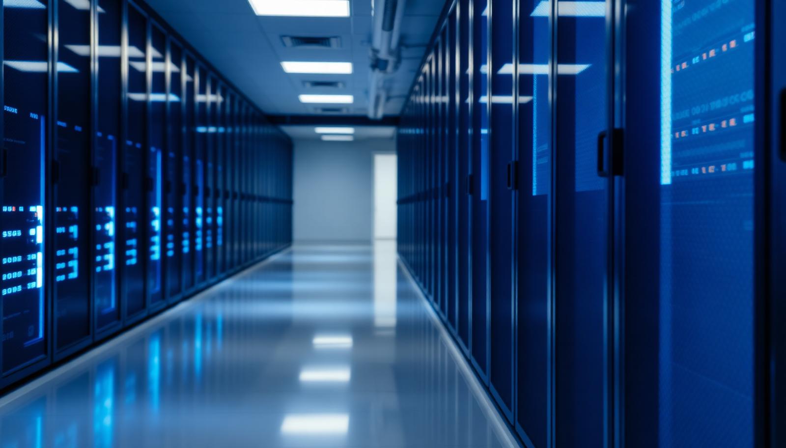 Data centre aisle in cool blue light representing safeguarding and reconciliation systems infrastructure for payment firms