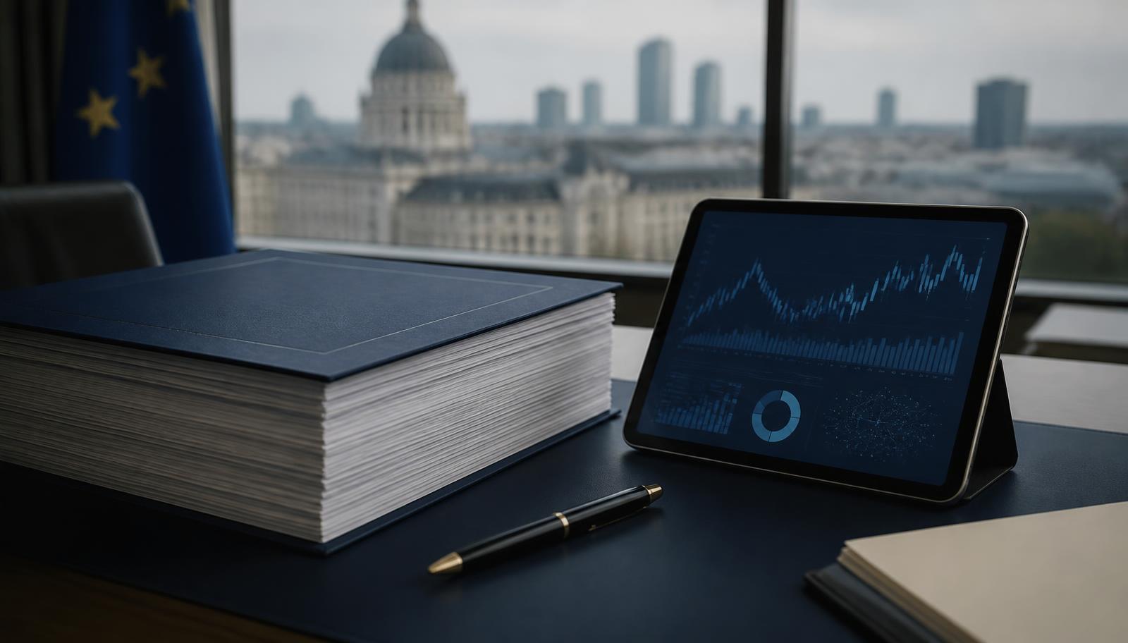 European Union regulatory documents and digital asset market data on a desk, illustrating MiCA authorisation requirements for crypto-asset service providers