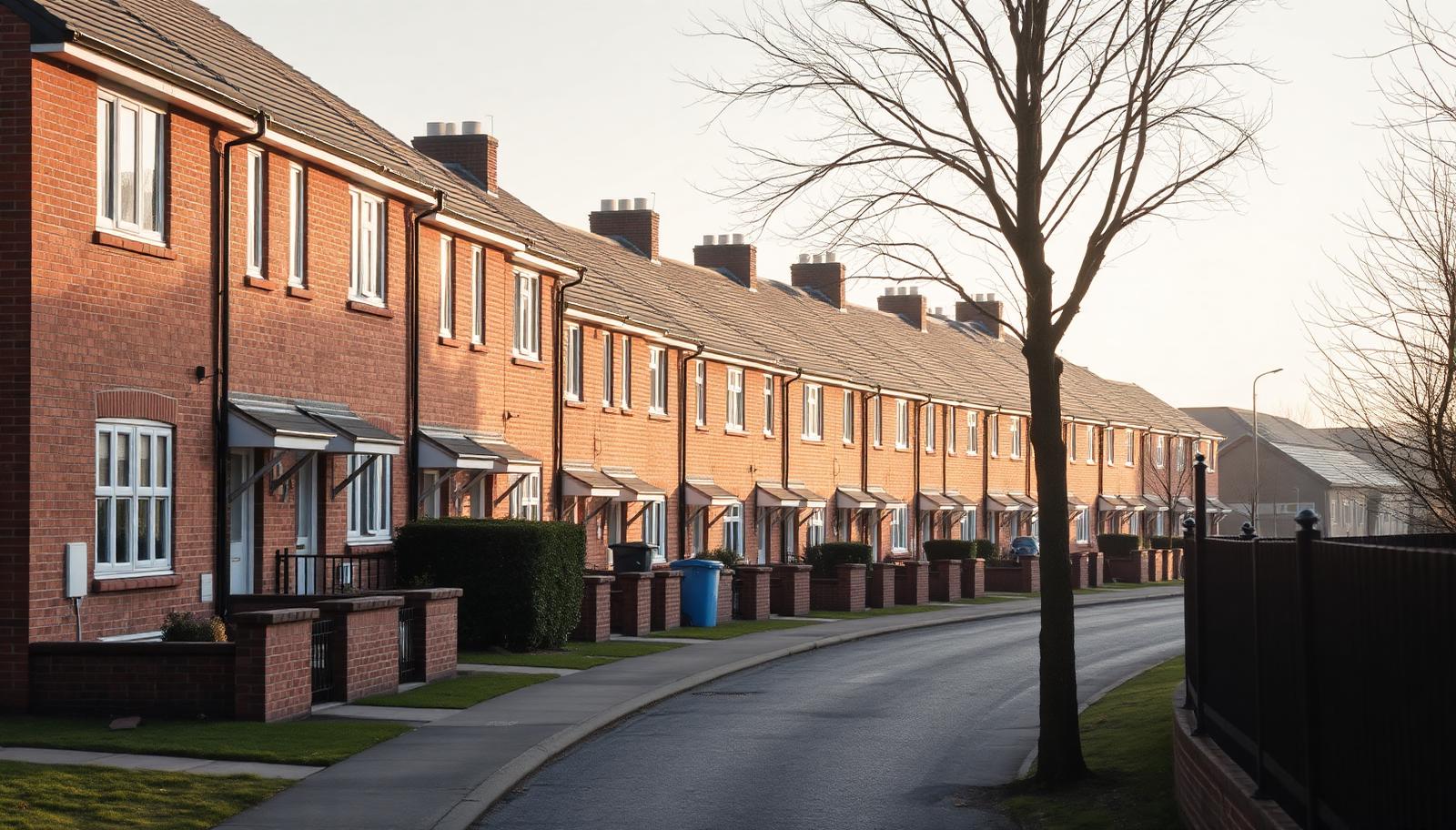 Row of British residential houses in soft morning light representing mortgage lending affordability and arrears handling
