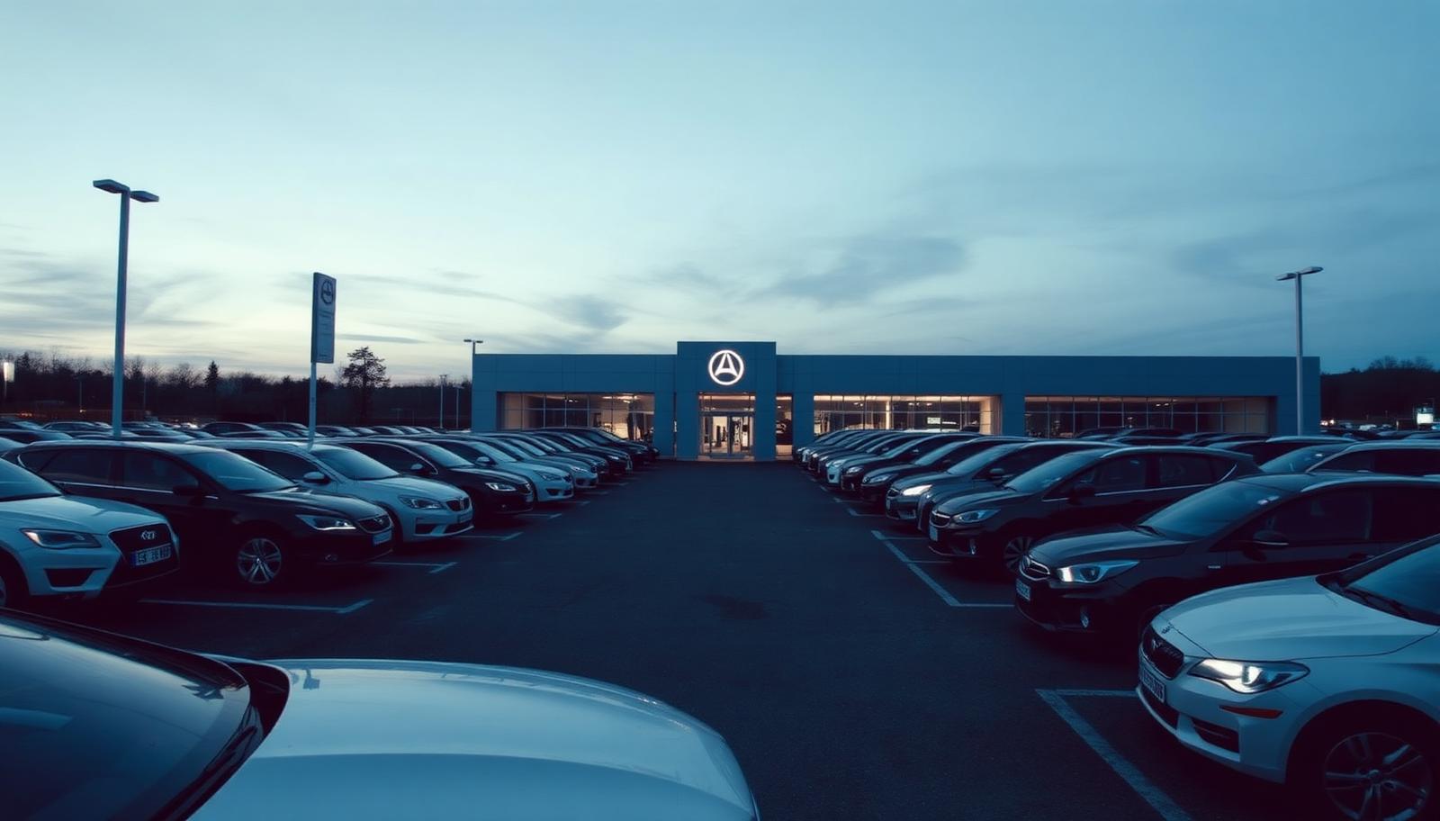 Rows of parked cars in a dealership forecourt at dusk representing motor finance redress across historic lending books