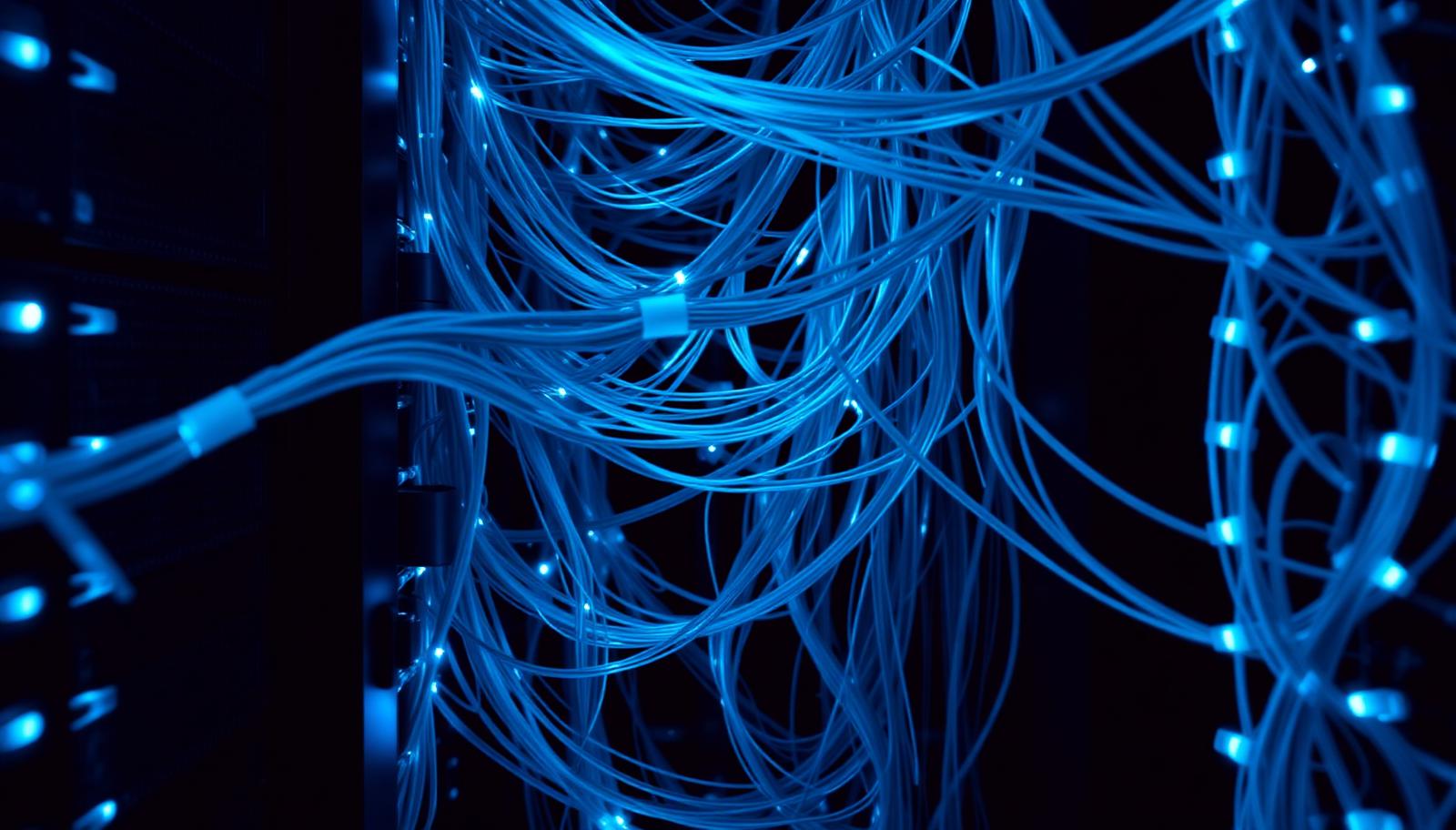 Network of illuminated fibre optic cables in a dark server room representing operational resilience and third party dependencies