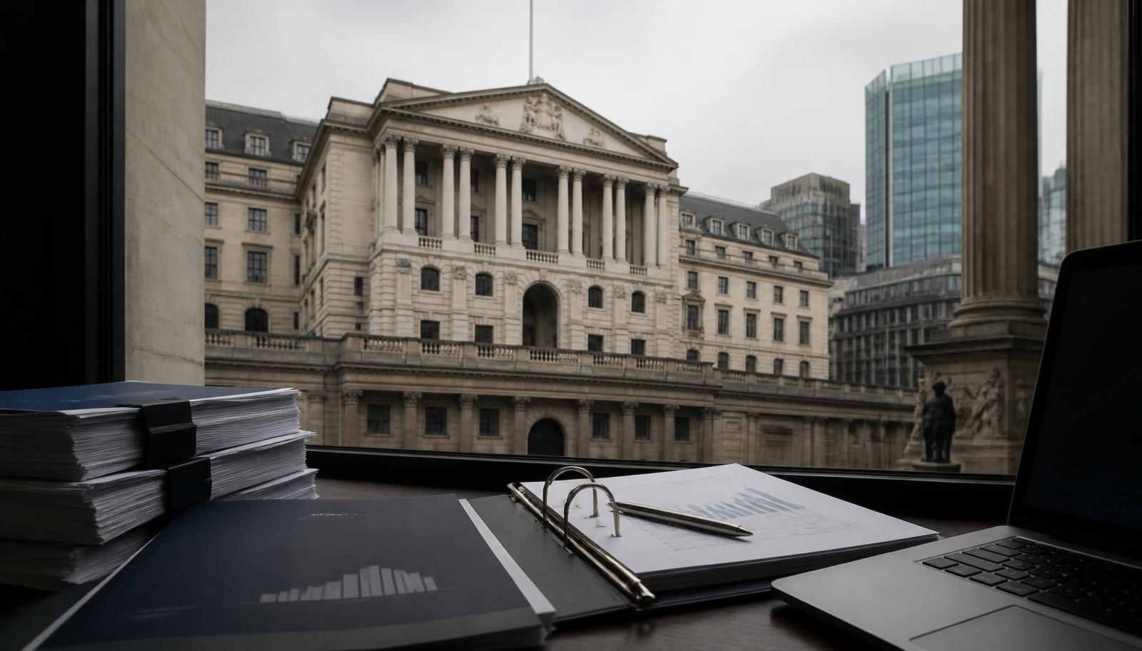 Capital and liquidity reporting packs beside the Bank of England building, illustrating PRA prudential requirements for dual-regulated firms