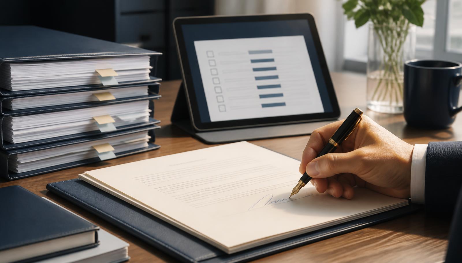 Signed appointed representative agreement, fountain pen, oversight review files and a monitoring checklist on a desk, illustrating principal firm oversight obligations under SUP 12