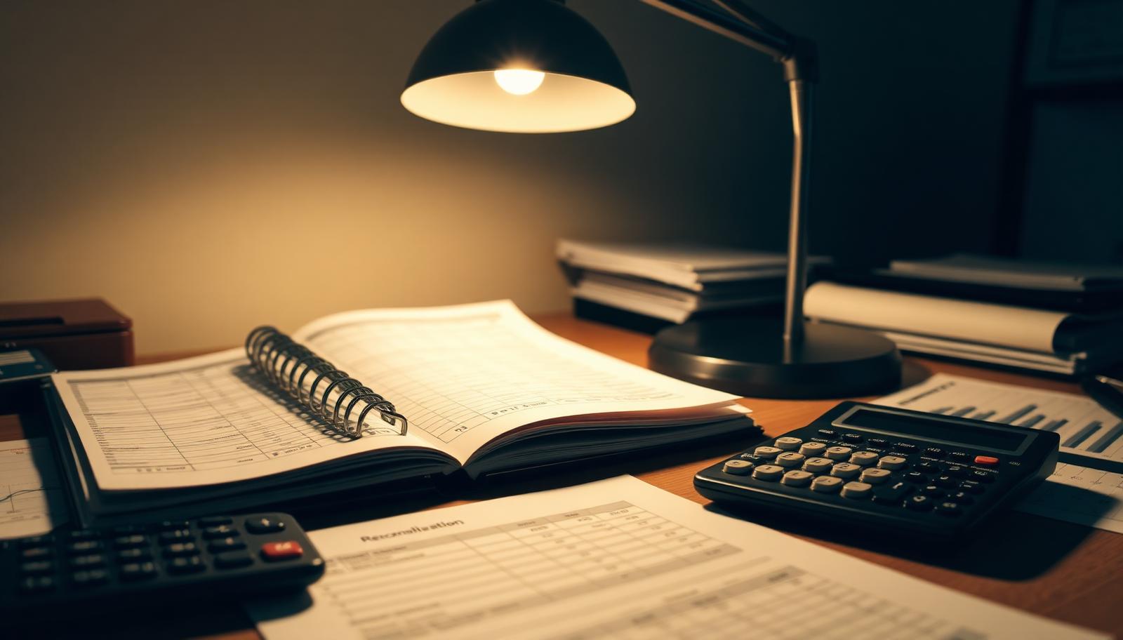 Auditor workspace with ledgers, reconciliation printouts and a calculator under focused light, representing a CASS 15 safeguarding audit
