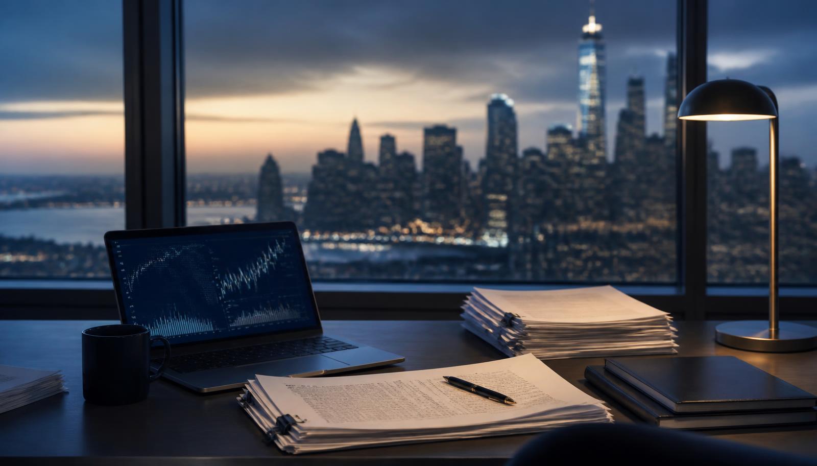 Transatlantic regulatory filing documents and market data screens in a professional office, illustrating SEC registration considerations for UK and international firms