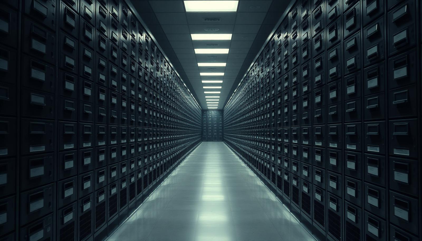 Long corridor of archive files in muted light, representing a section 166 skilled person review of a regulated firm