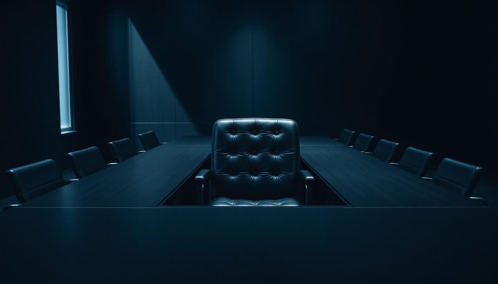 Single executive chair at the head of a dark boardroom table representing senior manager accountability under SM&CR