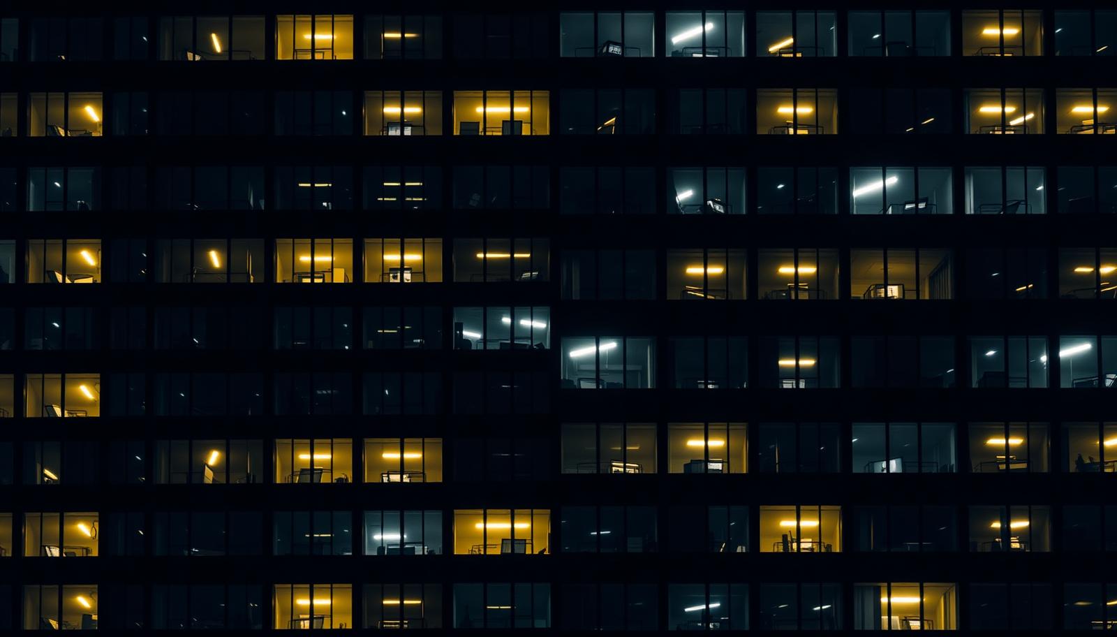 Grid of glass office windows at night representing FCA multi-firm and thematic review across a portfolio of firms