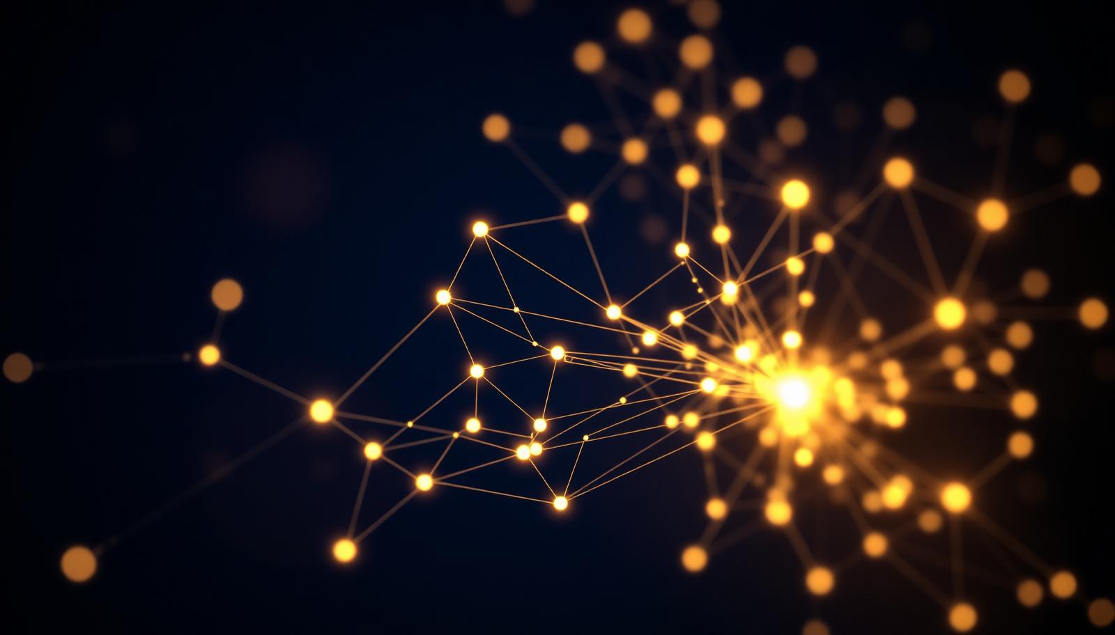 Abstract network of connected light nodes on a dark background representing transaction monitoring across payment flows