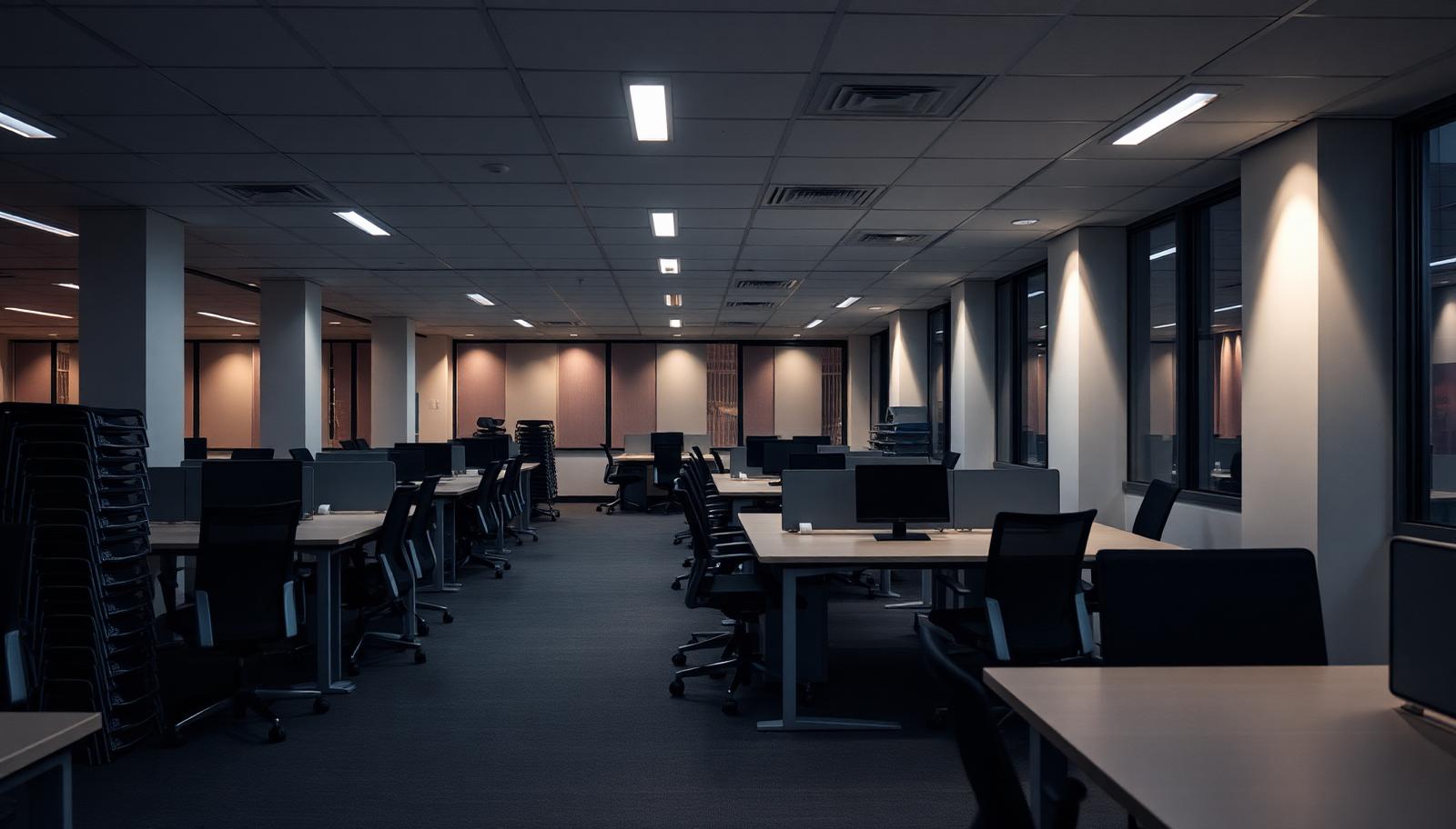 Empty modern office at dusk with chairs stacked and lights dimmed representing an orderly wind-down of a regulated firm